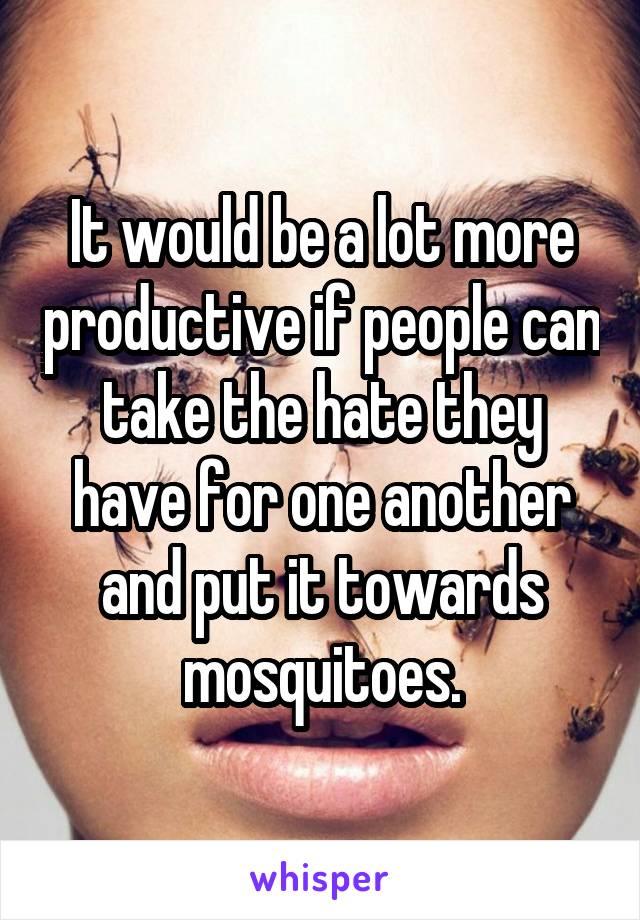 It would be a lot more productive if people can take the hate they have for one another and put it towards mosquitoes.