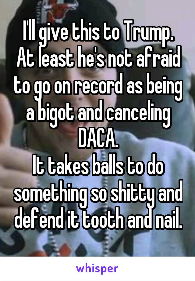 I'll give this to Trump. At least he's not afraid to go on record as being a bigot and canceling DACA.
It takes balls to do something so shitty and defend it tooth and nail. 