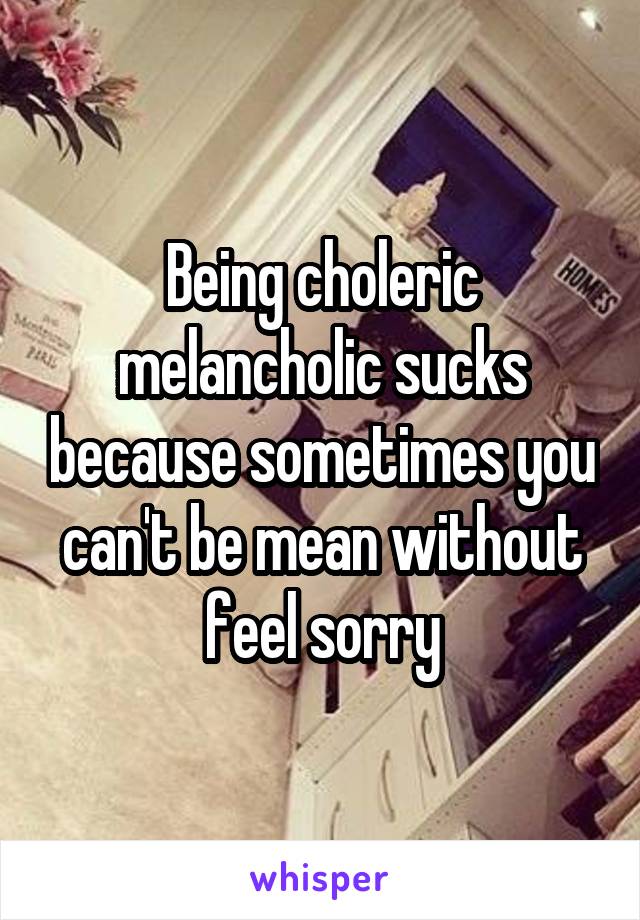 Being choleric melancholic sucks because sometimes you can't be mean without feel sorry