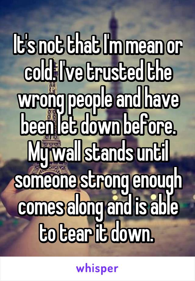 It's not that I'm mean or cold. I've trusted the wrong people and have been let down before. My wall stands until someone strong enough comes along and is able to tear it down. 