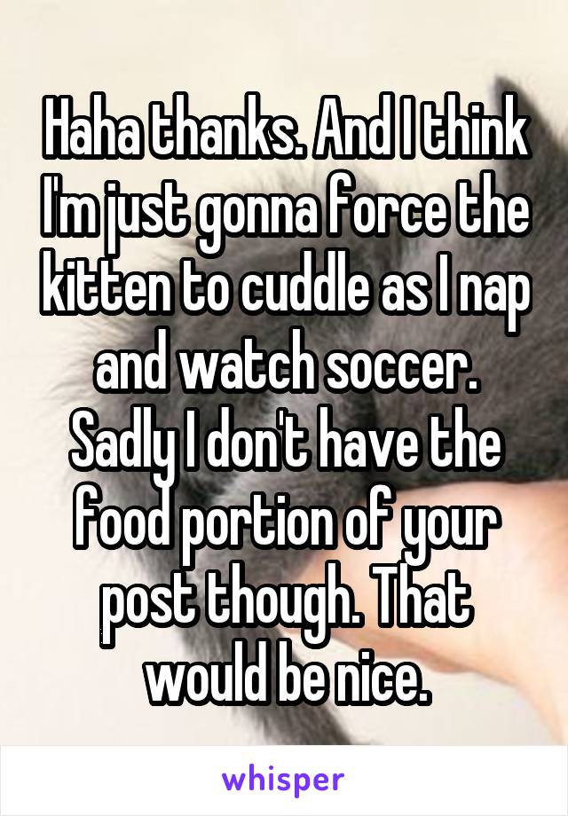 Haha thanks. And I think I'm just gonna force the kitten to cuddle as I nap and watch soccer. Sadly I don't have the food portion of your post though. That would be nice.