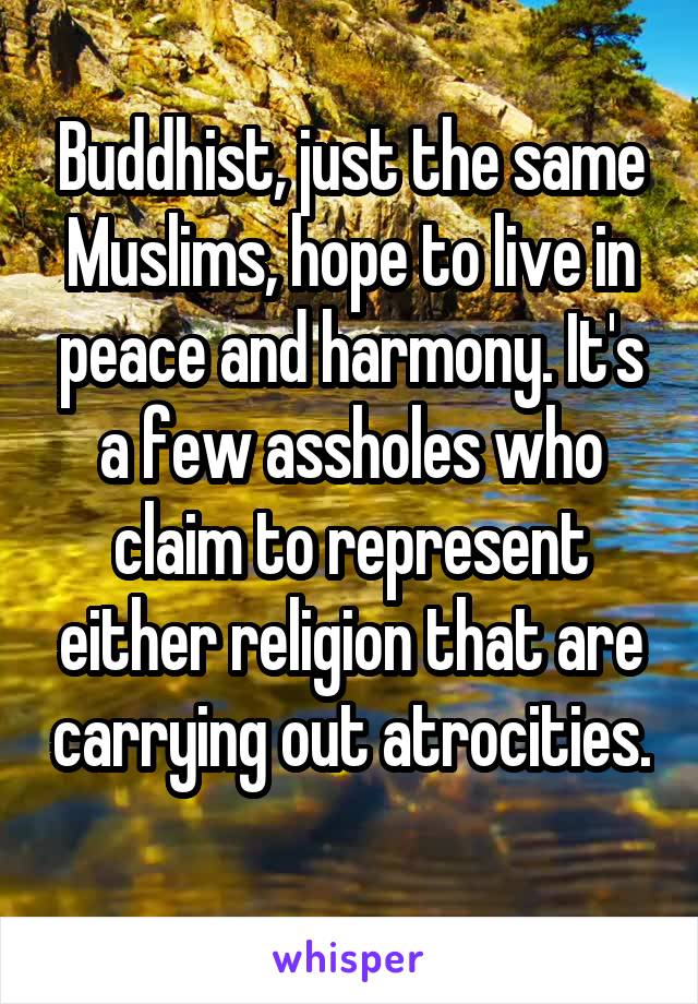 Buddhist, just the same Muslims, hope to live in peace and harmony. It's a few assholes who claim to represent either religion that are carrying out atrocities. 