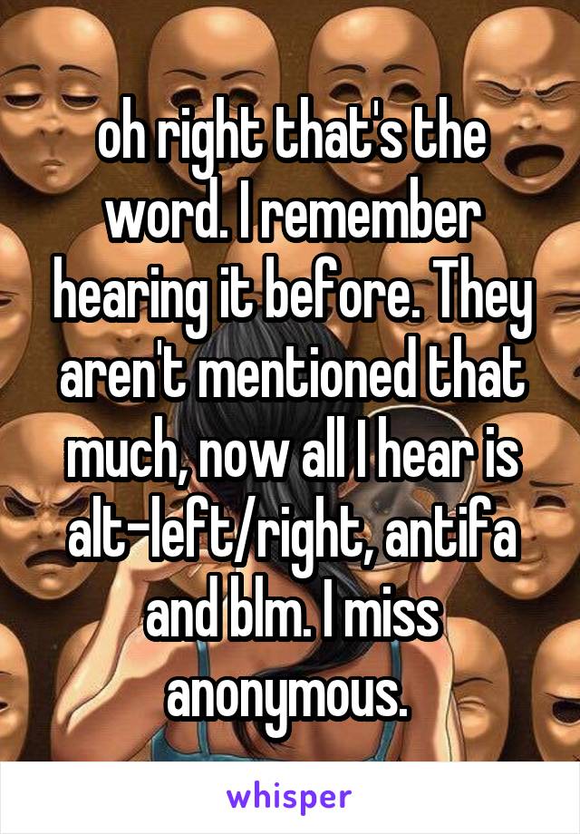 oh right that's the word. I remember hearing it before. They aren't mentioned that much, now all I hear is alt-left/right, antifa and blm. I miss anonymous. 