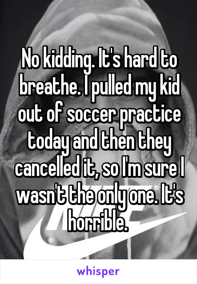No kidding. It's hard to breathe. I pulled my kid out of soccer practice today and then they cancelled it, so I'm sure I wasn't the only one. It's horrible. 