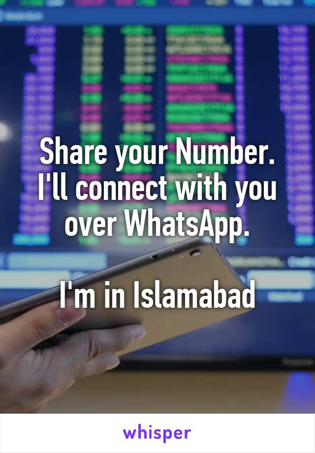 Share your Number.
I'll connect with you over WhatsApp.

I'm in Islamabad