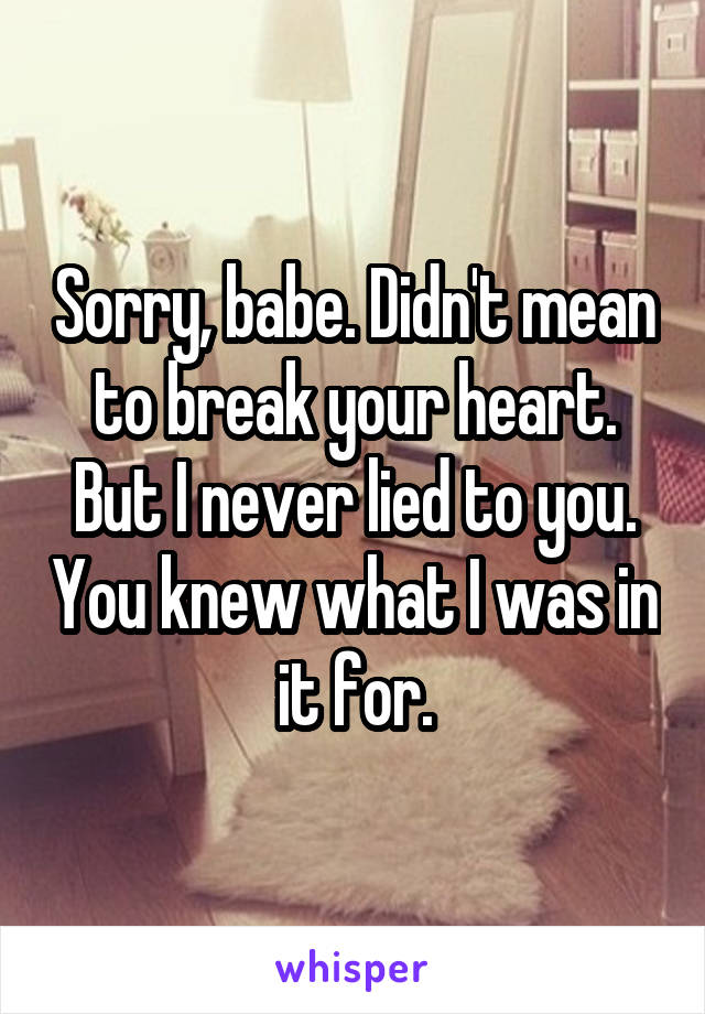 Sorry, babe. Didn't mean to break your heart. But I never lied to you. You knew what I was in it for.