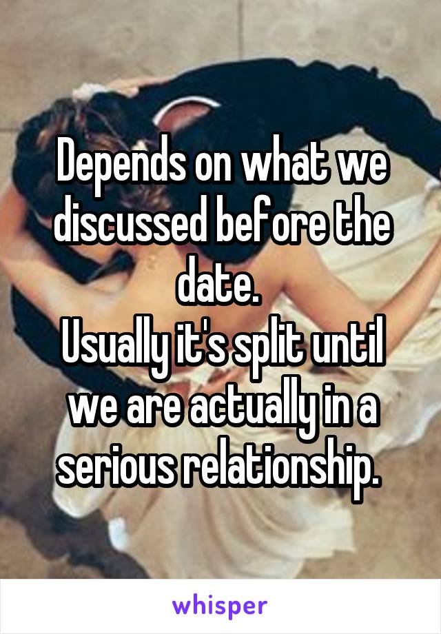 Depends on what we discussed before the date. 
Usually it's split until we are actually in a serious relationship. 
