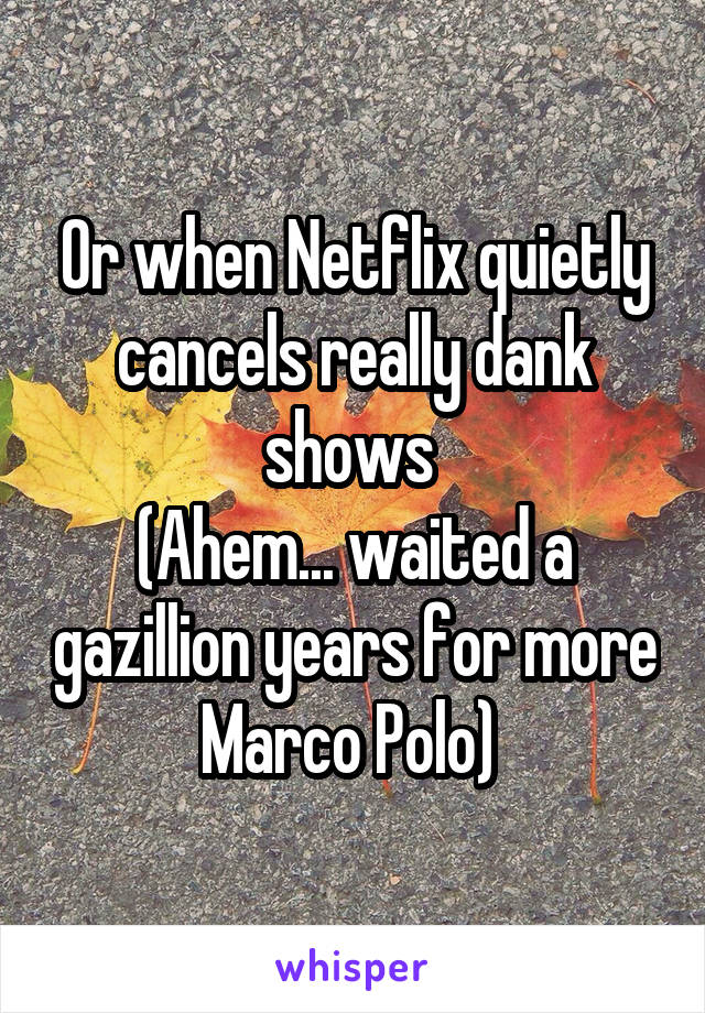 Or when Netflix quietly cancels really dank shows 
(Ahem... waited a gazillion years for more Marco Polo) 