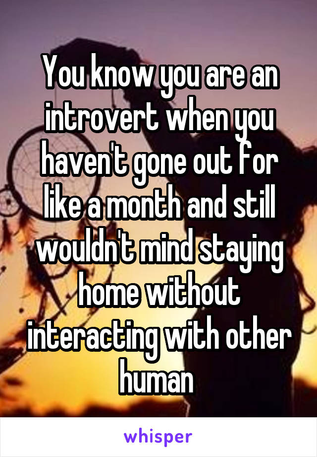 You know you are an introvert when you haven't gone out for like a month and still wouldn't mind staying home without interacting with other human 