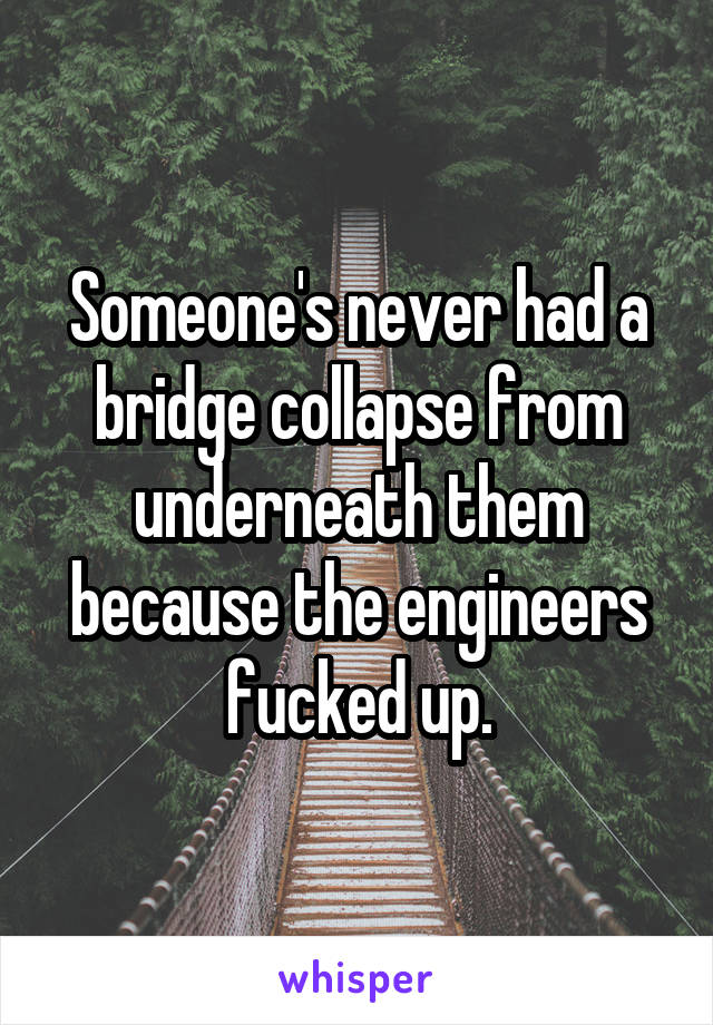 Someone's never had a bridge collapse from underneath them because the engineers fucked up.