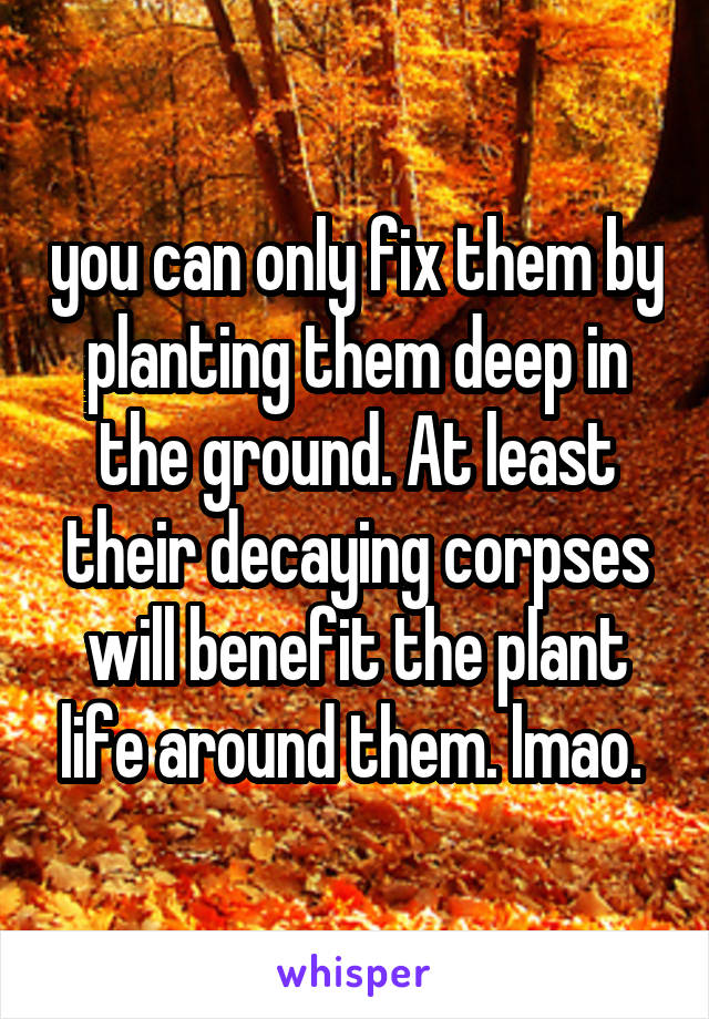 you can only fix them by planting them deep in the ground. At least their decaying corpses will benefit the plant life around them. lmao. 