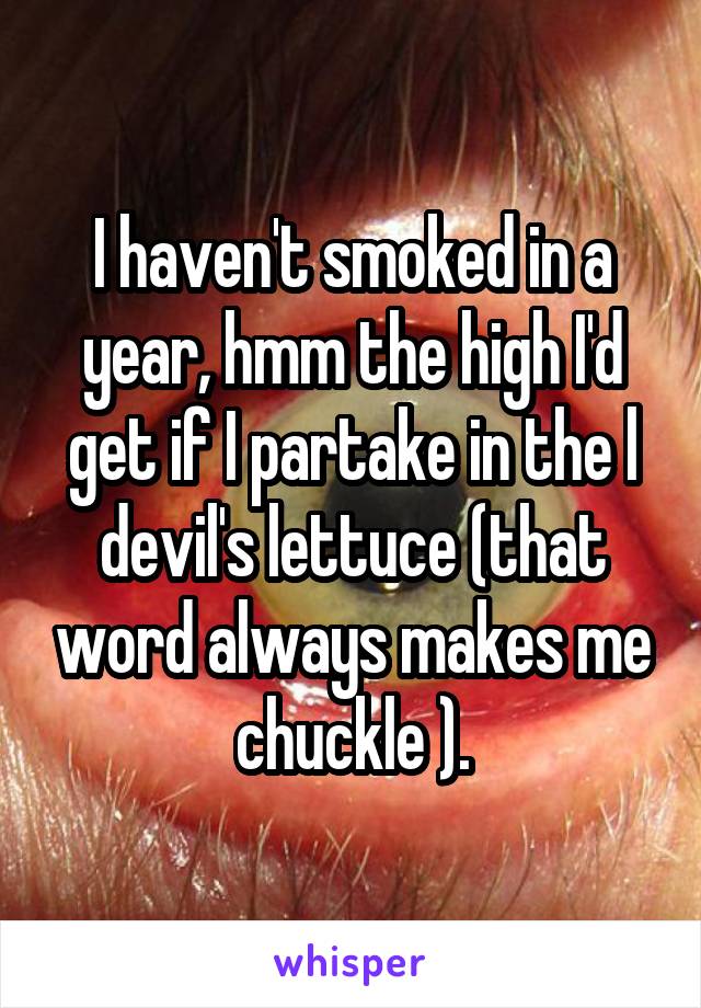 I haven't smoked in a year, hmm the high I'd get if I partake in the l devil's lettuce (that word always makes me chuckle ).