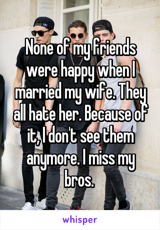 None of my friends were happy when I married my wife. They all hate her. Because of it, I don't see them anymore. I miss my bros. 