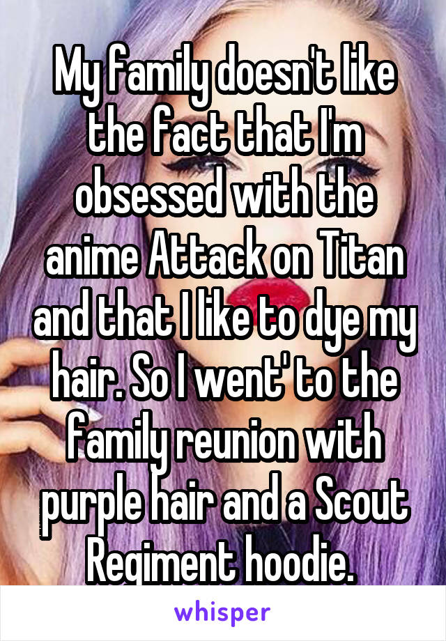 My family doesn't like the fact that I'm obsessed with the anime Attack on Titan and that I like to dye my hair. So I went' to the family reunion with purple hair and a Scout Regiment hoodie. 