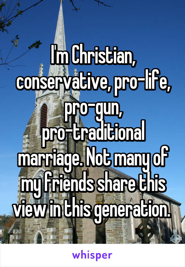 I'm Christian, conservative, pro-life, pro-gun, pro-traditional marriage. Not many of my friends share this view in this generation. 