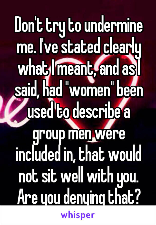 Don't try to undermine me. I've stated clearly what I meant, and as I said, had "women" been used to describe a group men were included in, that would not sit well with you. Are you denying that?