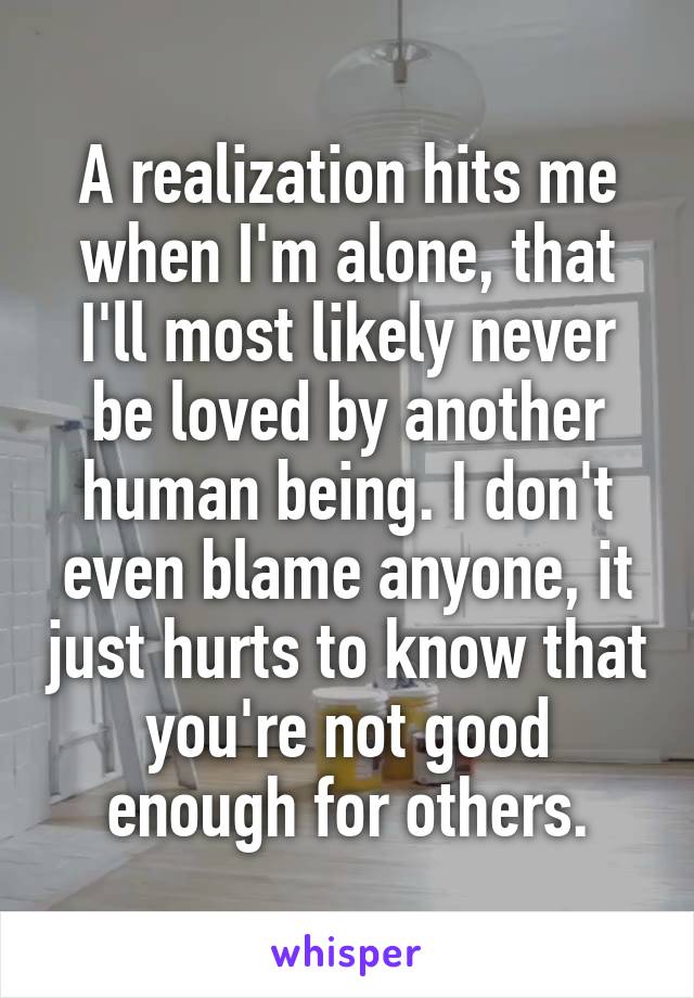 A realization hits me when I'm alone, that I'll most likely never be loved by another human being. I don't even blame anyone, it just hurts to know that you're not good enough for others.