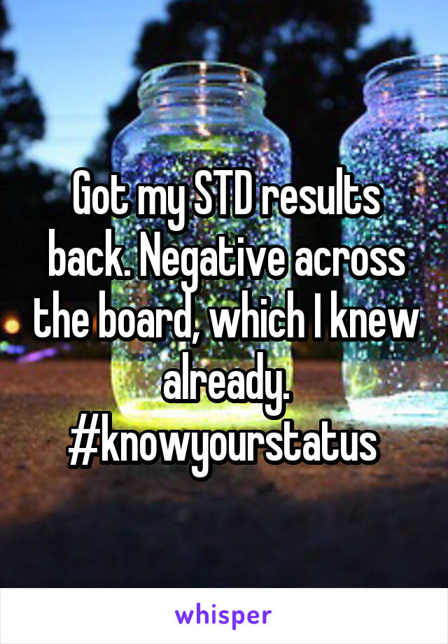 Got my STD results back. Negative across the board, which I knew already.
#knowyourstatus 