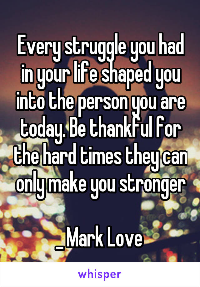 Every struggle you had in your life shaped you into the person you are today. Be thankful for the hard times they can only make you stronger

_ Mark Love 
