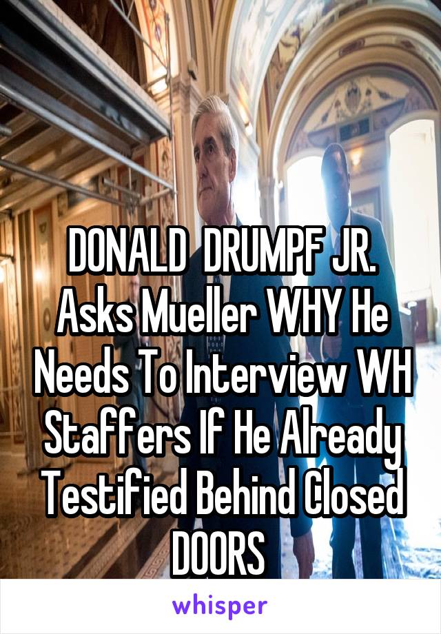 


DONALD  DRUMPF JR. Asks Mueller WHY He Needs To Interview WH Staffers If He Already Testified Behind Closed DOORS 