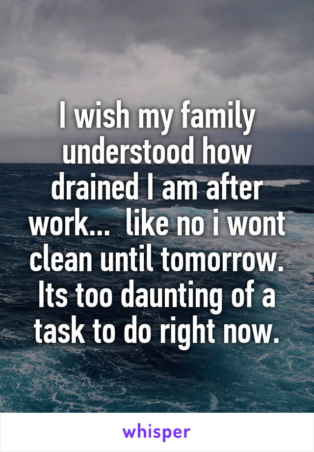 I wish my family understood how drained I am after work...  like no i wont clean until tomorrow. Its too daunting of a task to do right now.