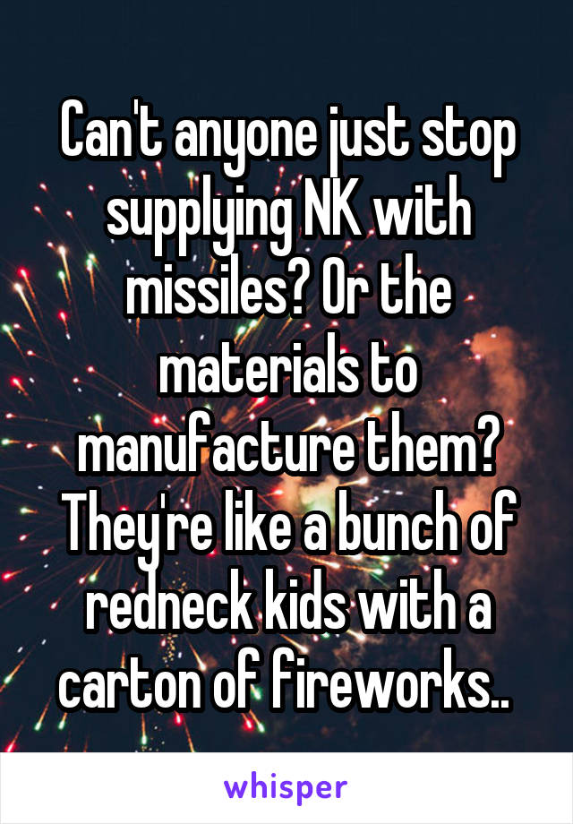 Can't anyone just stop supplying NK with missiles? Or the materials to manufacture them? They're like a bunch of redneck kids with a carton of fireworks.. 