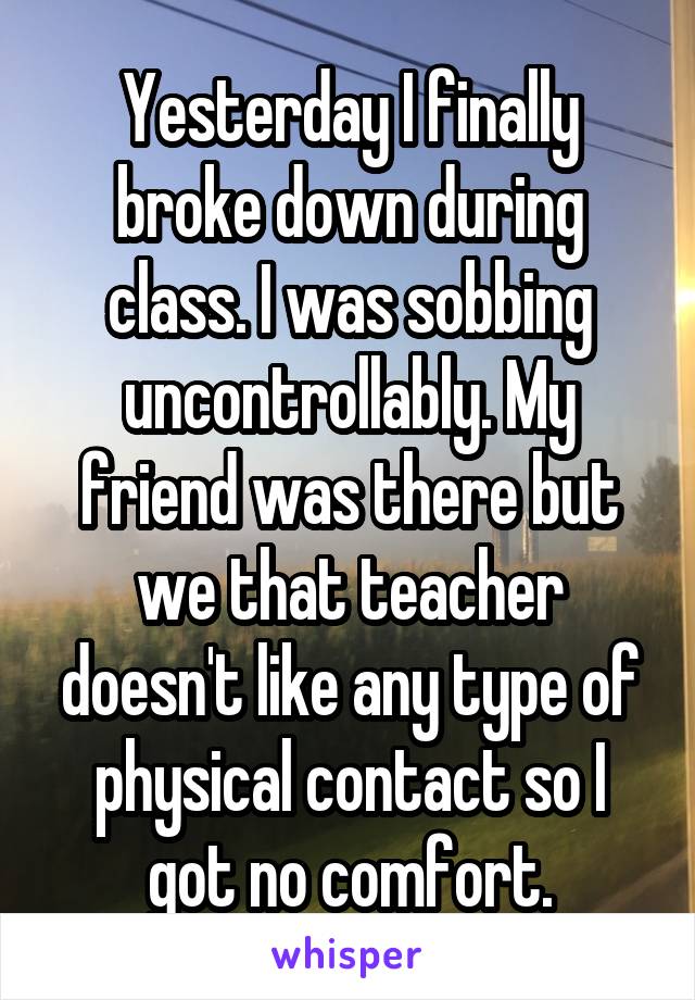 Yesterday I finally broke down during class. I was sobbing uncontrollably. My friend was there but we that teacher doesn't like any type of physical contact so I got no comfort.