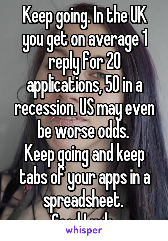 Keep going. In the UK you get on average 1 reply for 20 applications, 50 in a recession. US may even be worse odds. 
Keep going and keep tabs of your apps in a spreadsheet. 
Good Luck. 