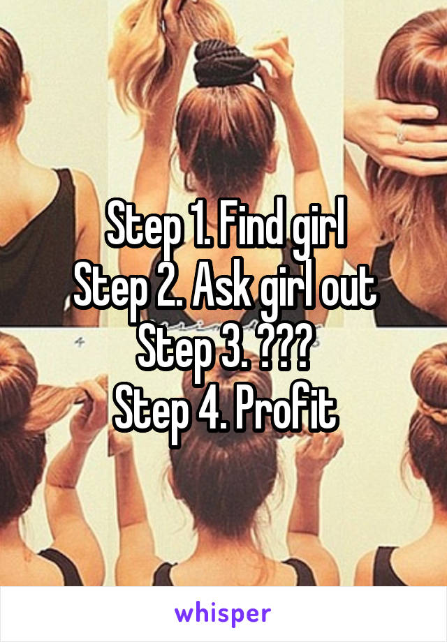 Step 1. Find girl
Step 2. Ask girl out
Step 3. ???
Step 4. Profit