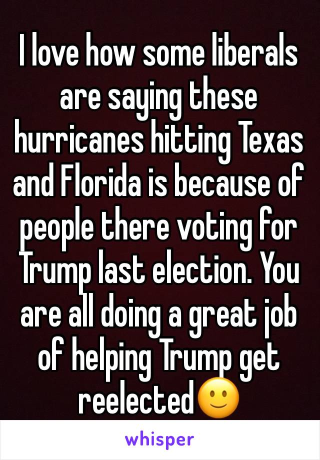 I love how some liberals are saying these hurricanes hitting Texas and Florida is because of people there voting for Trump last election. You are all doing a great job of helping Trump get reelected🙂