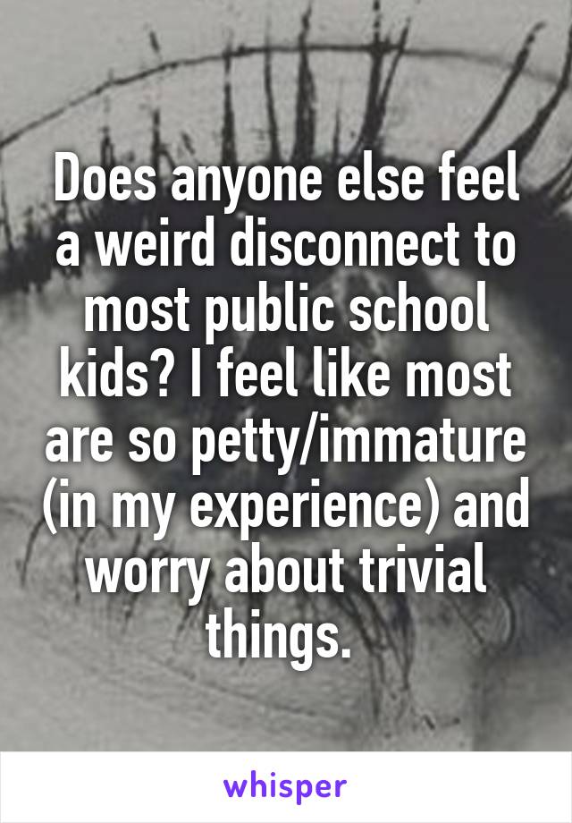 Does anyone else feel a weird disconnect to most public school kids? I feel like most are so petty/immature (in my experience) and worry about trivial things. 