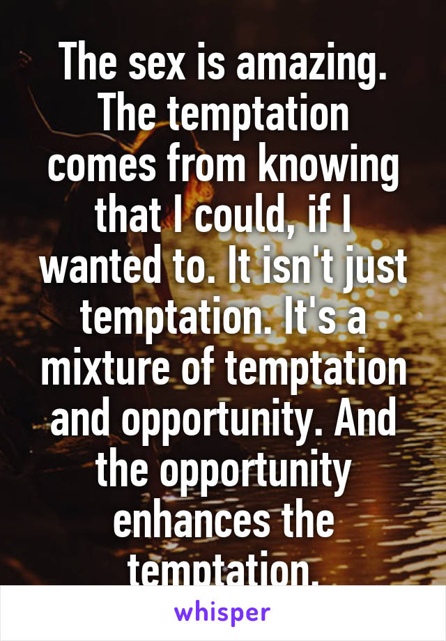 The sex is amazing.
The temptation comes from knowing that I could, if I wanted to. It isn't just temptation. It's a mixture of temptation and opportunity. And the opportunity enhances the temptation.