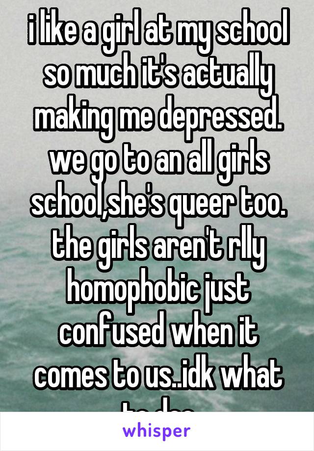 i like a girl at my school so much it's actually making me depressed. we go to an all girls school,she's queer too. the girls aren't rlly homophobic just confused when it comes to us..idk what to doo