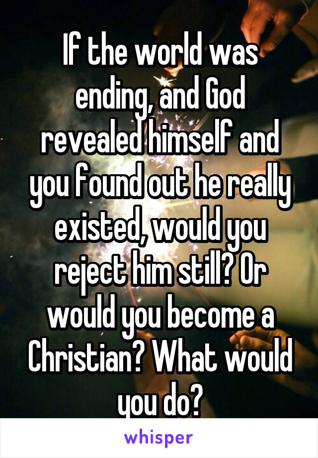 If the world was ending, and God revealed himself and you found out he really existed, would you reject him still? Or would you become a Christian? What would you do?