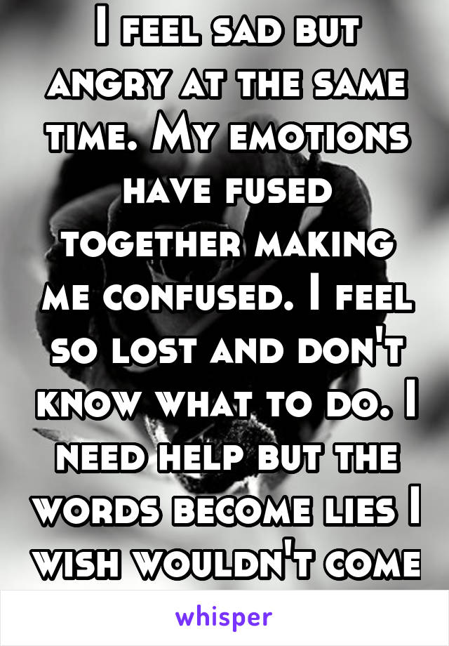 I feel sad but angry at the same time. My emotions have fused together making me confused. I feel so lost and don't know what to do. I need help but the words become lies I wish wouldn't come out. 