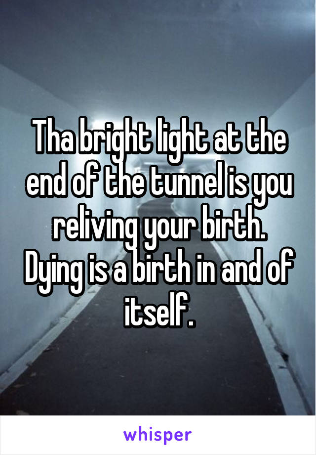 Tha bright light at the end of the tunnel is you reliving your birth. Dying is a birth in and of itself.