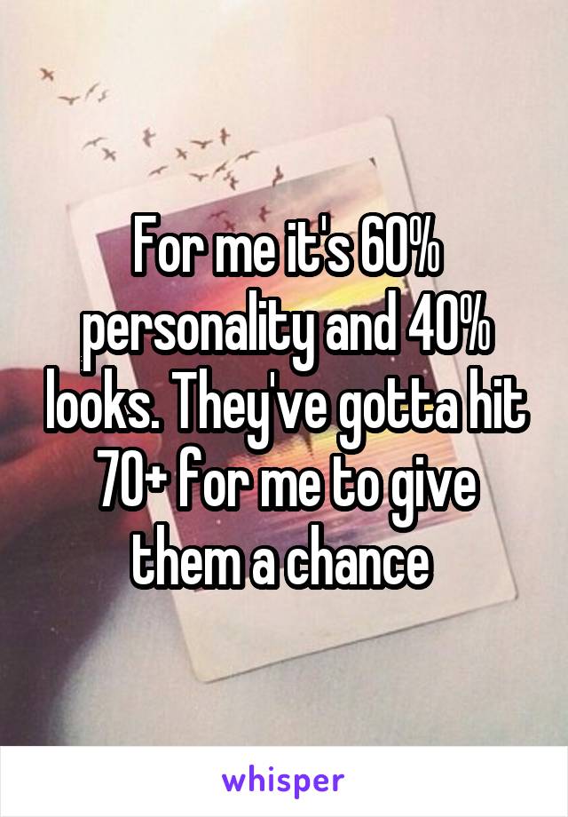 For me it's 60% personality and 40% looks. They've gotta hit 70+ for me to give them a chance 