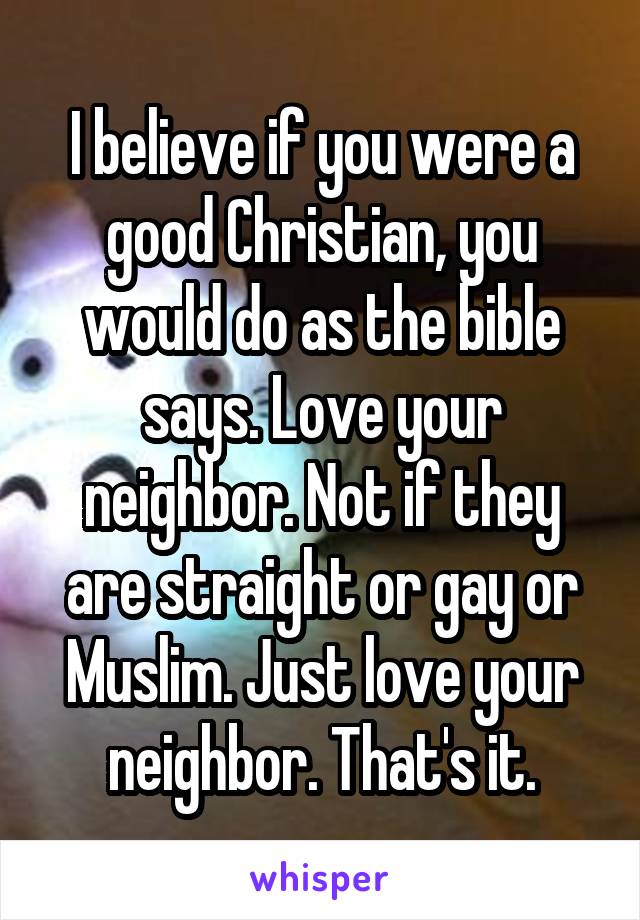 I believe if you were a good Christian, you would do as the bible says. Love your neighbor. Not if they are straight or gay or Muslim. Just love your neighbor. That's it.