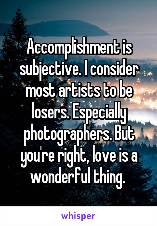 Accomplishment is subjective. I consider most artists to be losers. Especially photographers. But you're right, love is a wonderful thing. 