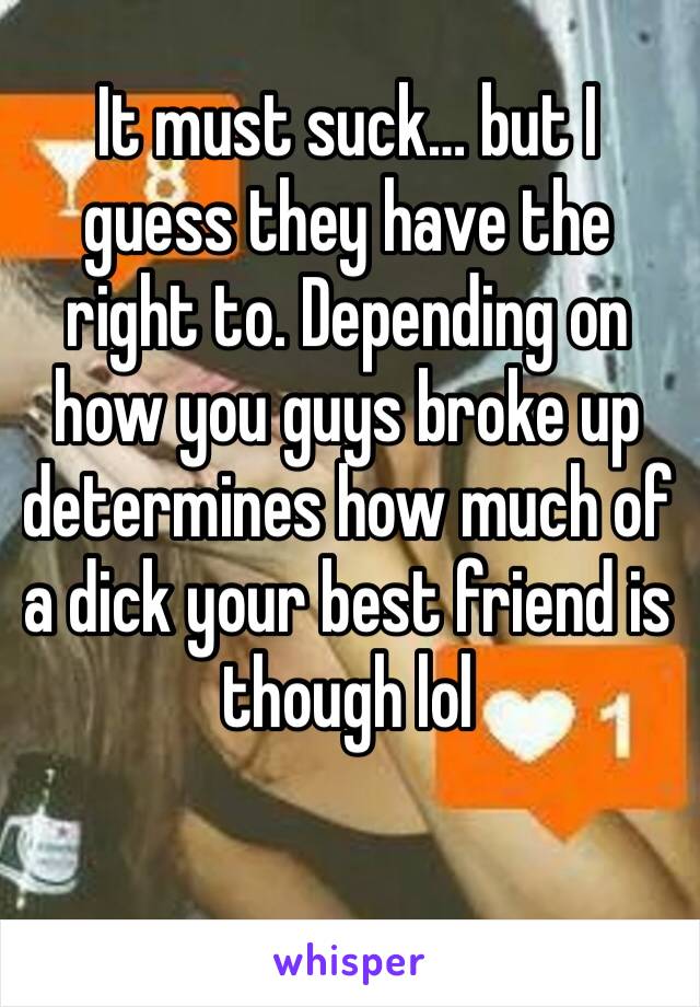 It must suck… but I guess they have the right to. Depending on how you guys broke up determines how much of a dick your best friend is though lol