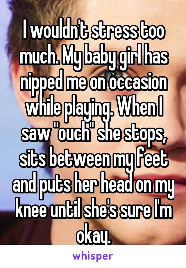 I wouldn't stress too much. My baby girl has nipped me on occasion while playing. When I saw "ouch" she stops, sits between my feet and puts her head on my knee until she's sure I'm okay.