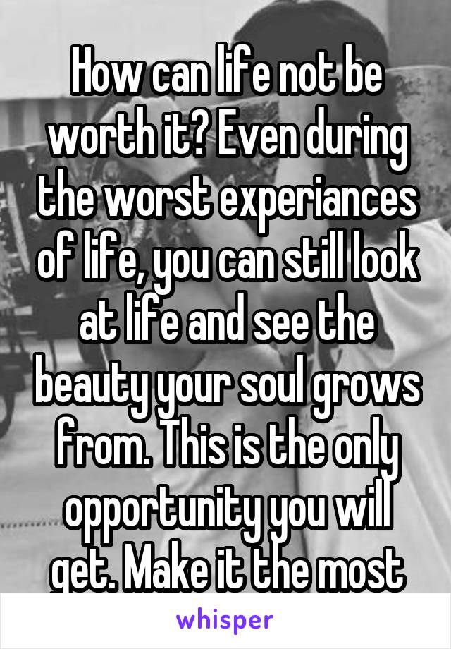 How can life not be worth it? Even during the worst experiances of life, you can still look at life and see the beauty your soul grows from. This is the only opportunity you will get. Make it the most