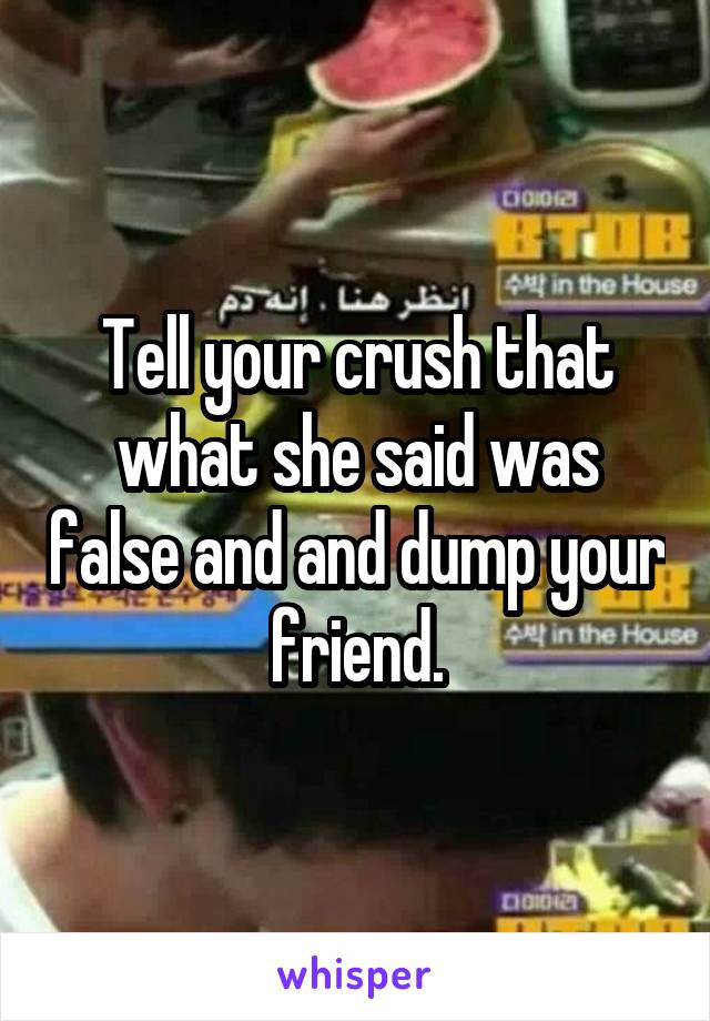 Tell your crush that what she said was false and and dump your friend.