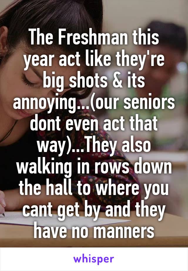 The Freshman this year act like they're big shots & its annoying...(our seniors dont even act that way)...They also walking in rows down the hall to where you cant get by and they have no manners