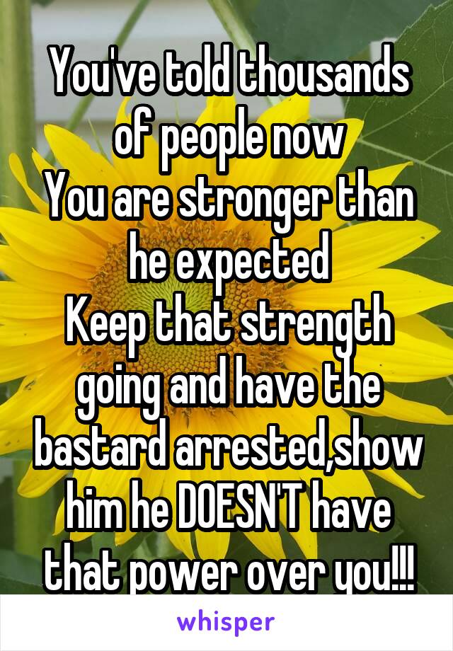 You've told thousands of people now
You are stronger than he expected
Keep that strength going and have the bastard arrested,show him he DOESN'T have that power over you!!!