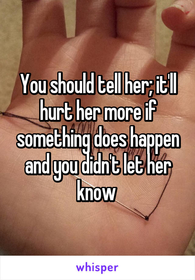 You should tell her; it'll hurt her more if something does happen and you didn't let her know 