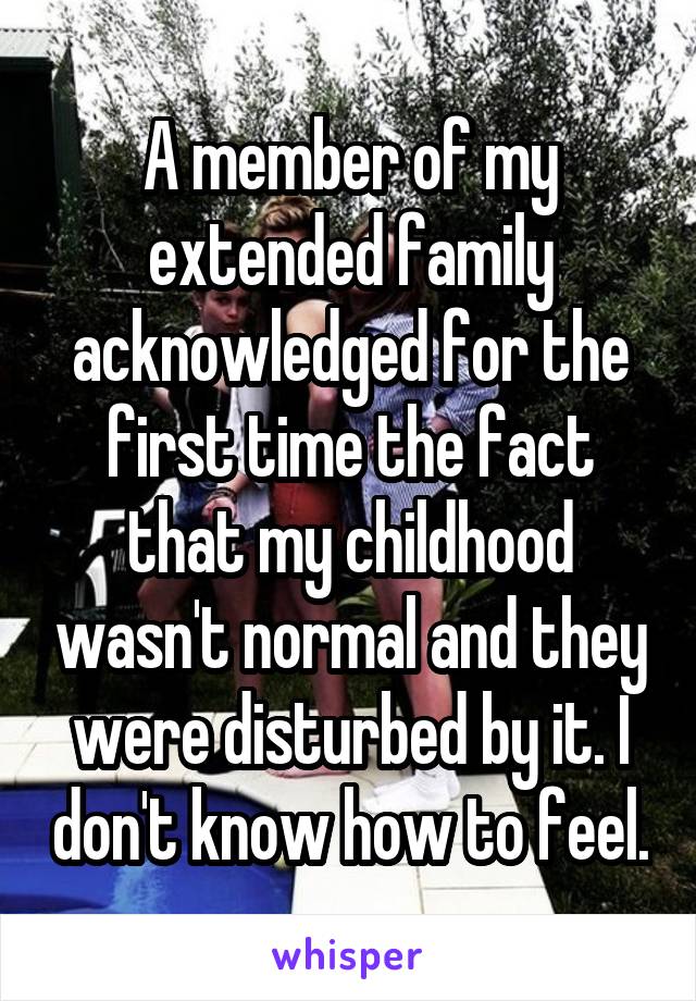 A member of my extended family acknowledged for the first time the fact that my childhood wasn't normal and they were disturbed by it. I don't know how to feel.