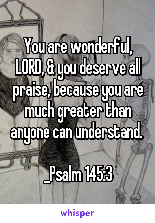 You are wonderful, LORD, & you deserve all praise, because you are much greater than anyone can understand. 

_Psalm 145:3