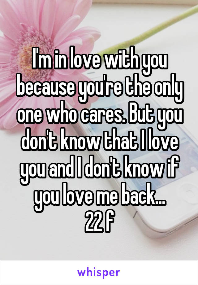 I'm in love with you because you're the only one who cares. But you don't know that I love you and I don't know if you love me back...
22 f