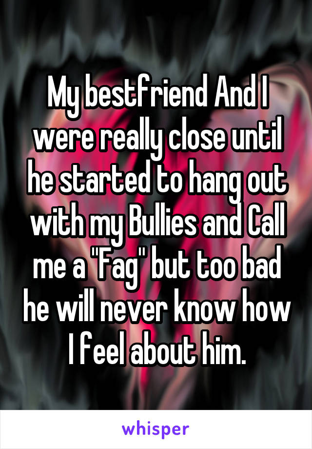 My bestfriend And I were really close until he started to hang out with my Bullies and Call me a "Fag" but too bad he will never know how I feel about him.